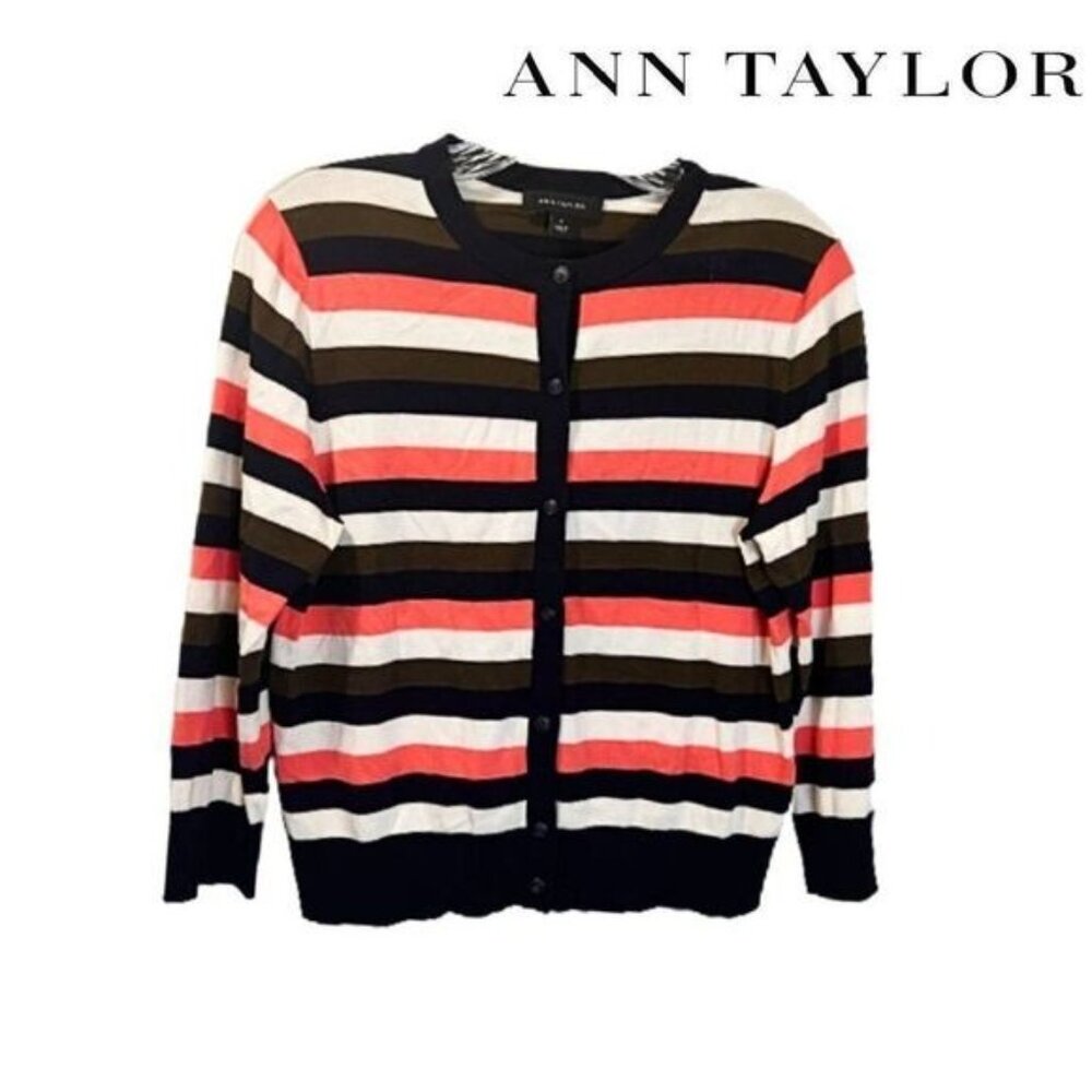Ann Taylor‎ Women's Striped Button Front Crewneck Cardigan Sweater